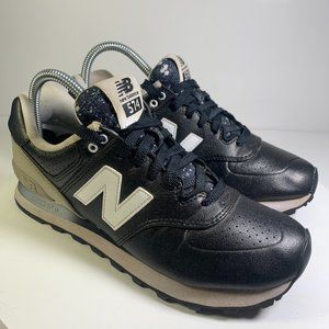 New Balance 574 Trainers Leather Shoes Black Gray Sneakers Womens Size 8 NB Gym